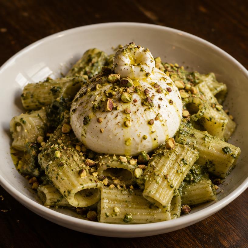 Rigatoni pesto burrata pistache